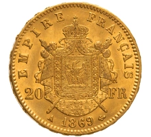 1869 French 20 Francs Gold Coin Napoleon III Laureate Head A