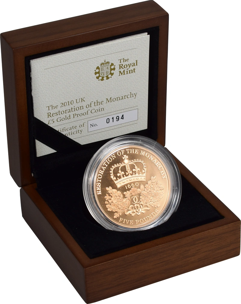 2010 Proof Gold Crown £5 Coin Restoration of the Monarchy Boxed