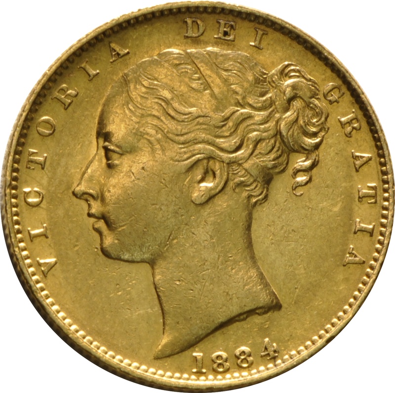 1884 Gold Sovereign - Victoria Young Head Shield Back- M