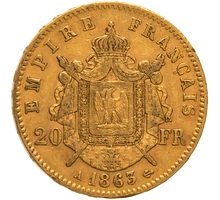 1863 French 20 Francs Gold Coin Napoleon III Laureate Head A