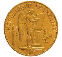 1877 20 French Francs Gold Coin Guardian Angel Genius A