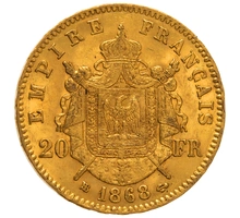 1868 20 French Francs Gold Coin Napoleon III BB