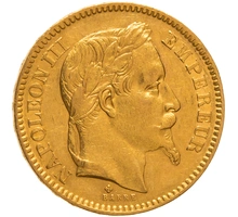 1863 20 French Francs Gold Coin Napoleon III BB