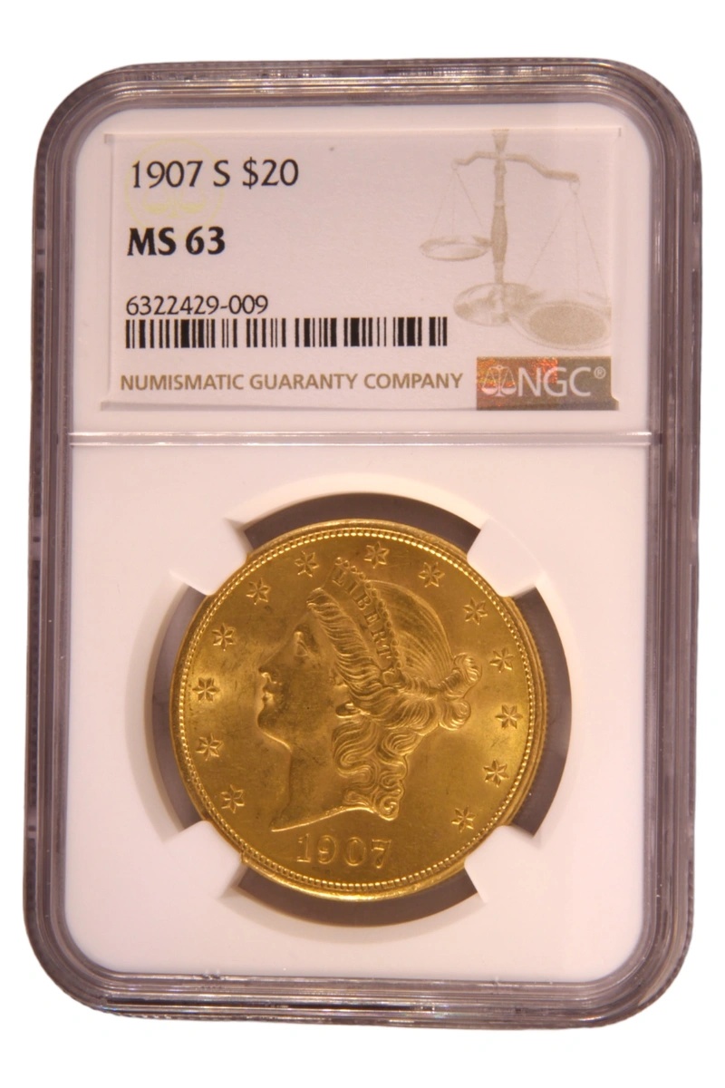 1907 $20 Gold Coin Double Eagle Liberty Head San Francisco NGC MS63