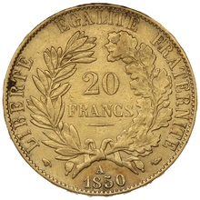 1850 20 French Francs Gold Coin Ceres