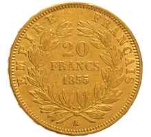 1855 French 20 Francs Gold Coin Napoleon III Bare Head A