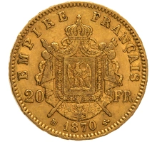 1870 20 French Francs Gold Coin Napoleon III BB