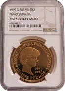 1999 Proof £5 Gold Crown Coin Diana Princess of Wales Memorial NGC PF67