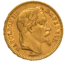 1865 French 20 Francs Gold Coin Napoleon III Laureate Head A
