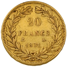1831 French 20 Francs Gold Coin Louis-Philippe Bare Head Incuse Rim Lettering A