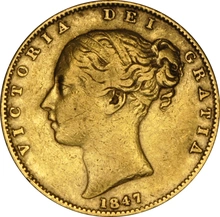 1847 Gold Sovereign Coin Queen Victoria Young Head Shield Back