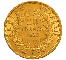 1859 20 French Francs Gold Coin Napoleon III A