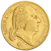 1824 French 20 Francs Gold Coin Louis XVIII Bare Head A