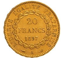 1897 French 20 Francs Gold Coin Guardian Angel A