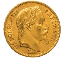 1868 French 20 Francs Gold Coin Napoleon III Laureate Head A