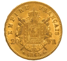 1865 French 20 Francs Gold Coin Napoleon III Laureate Head BB
