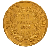1858 French 20 Francs Gold Coin Napoleon III Bare Head A