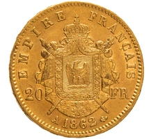 1862 French 20 Francs Gold Coin Napoleon III Laureate Head A