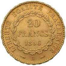 1896 20 French Francs Gold Coin Guardian Angel Genius A