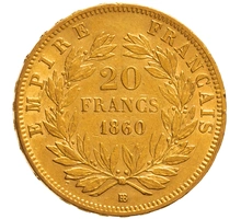 1860 20 French Francs Gold Coin Napoleon III BB