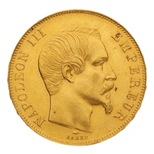 1857 French 50 Francs Gold Coin Napoleon III Bare Head A