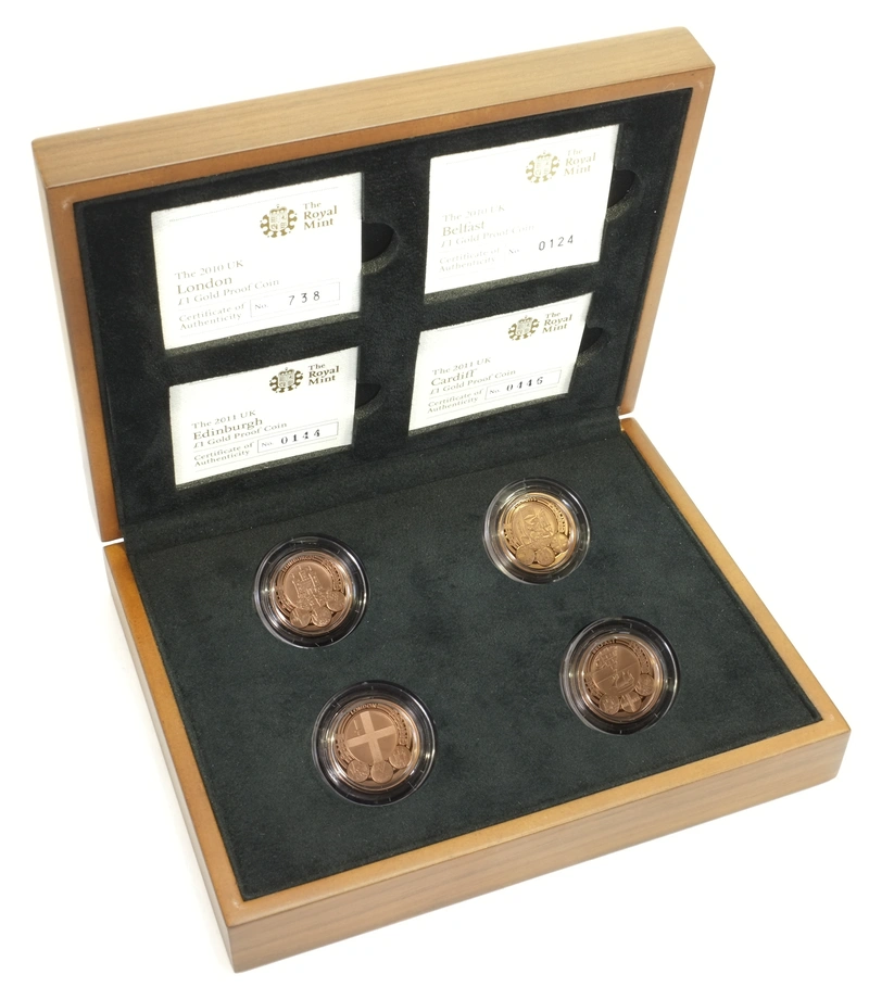 2010-2011 Proof Gold £1 Pound Coin Capital Cities of the United Kingdom 4 Coin Set Boxed