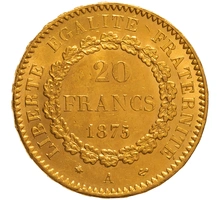 1875 French 20 Francs Gold Coin Guardian Angel A